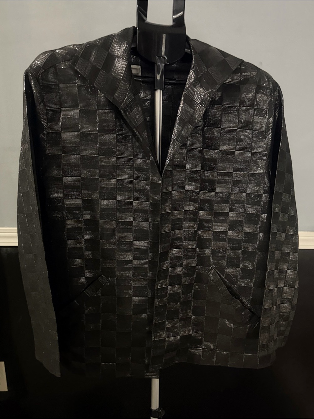 Amelline Women’s Deep Black Checker Metallic Blazer Jacket W/ Shimmer New